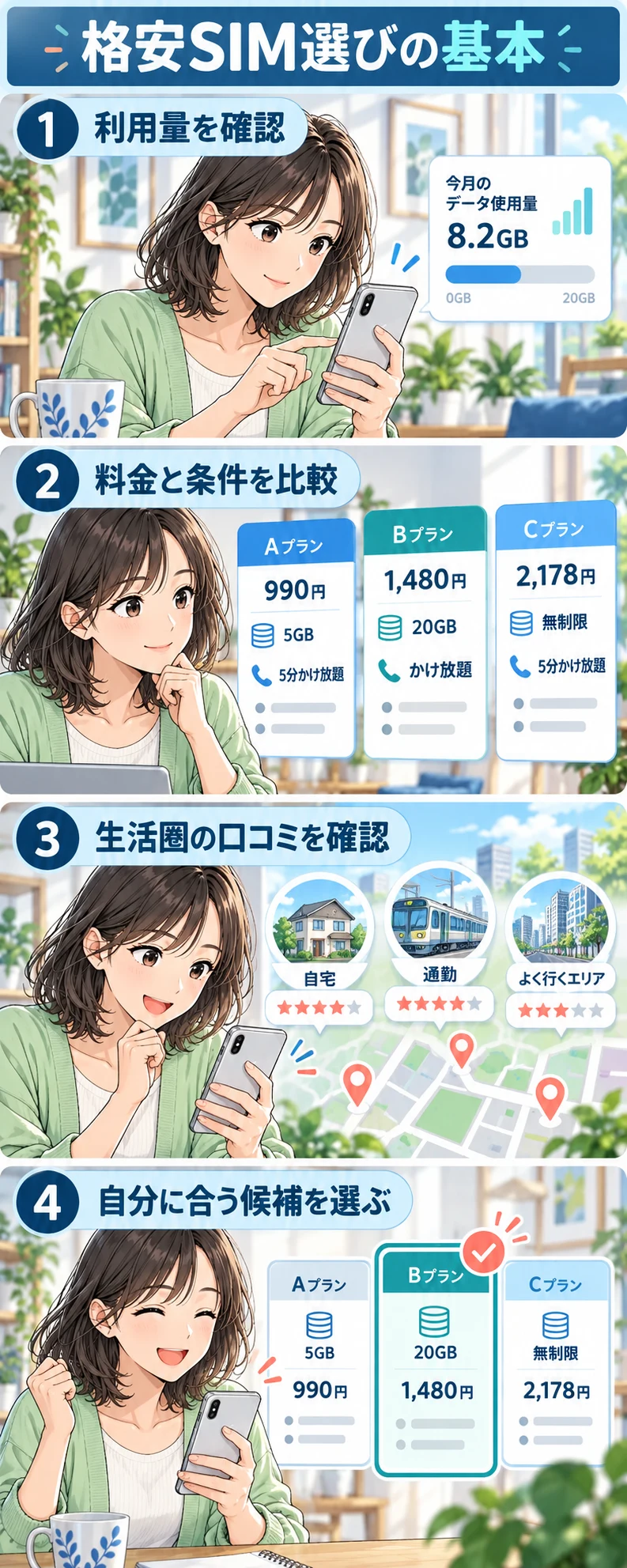 格安SIM選びの基本を4ステップで紹介する4コマ漫画。内容は下のテキストでも読めます。